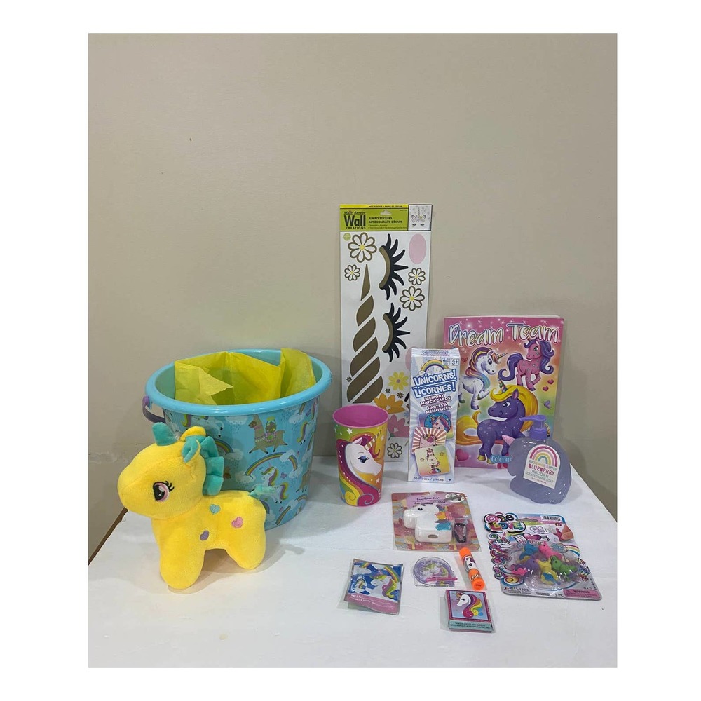 Plush Unicorn Gift Basket Set Wall Decals Soap Memory Game Lip Gloss Cup Balloon